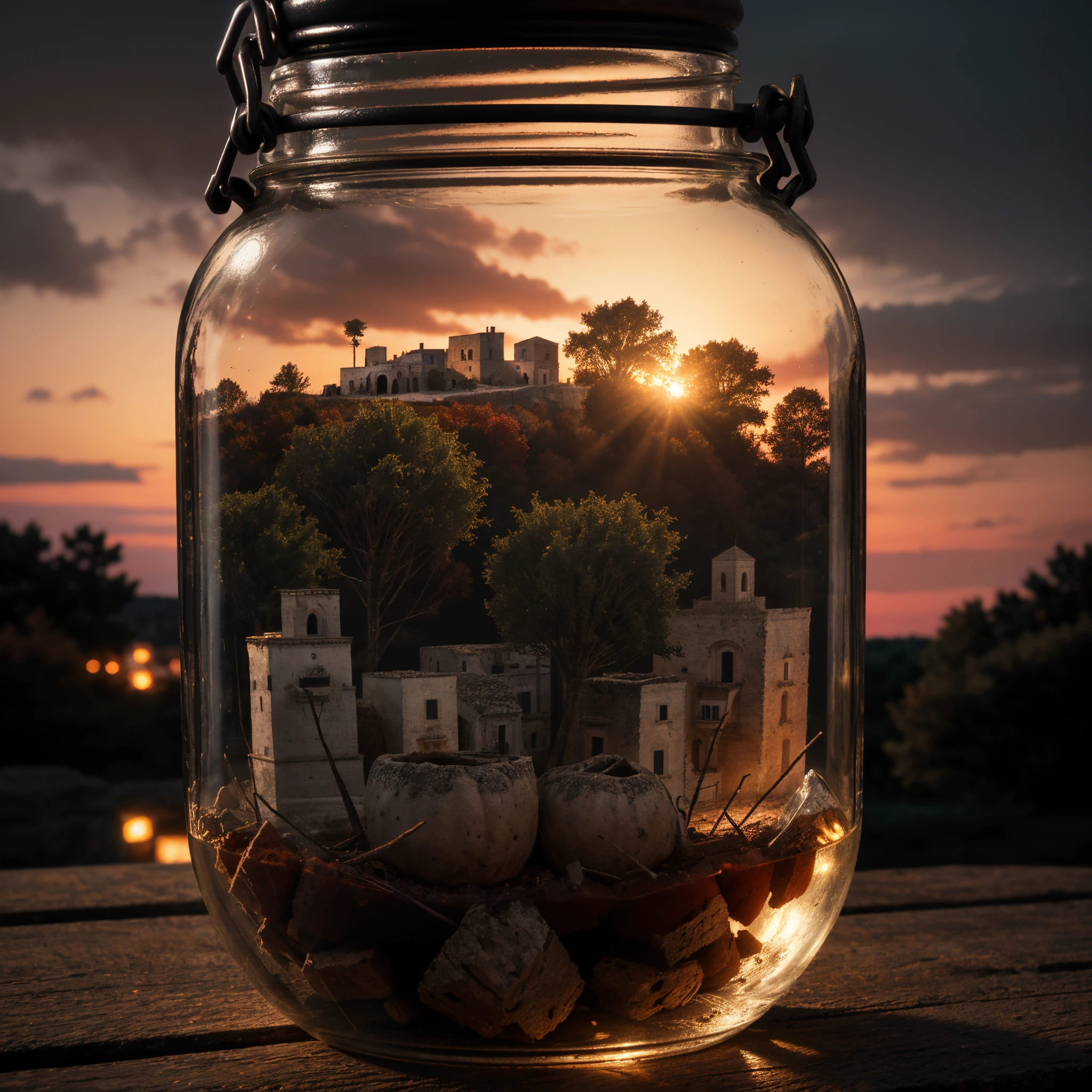 (An intricate minitown Matera landscape trapped in a closed jar), atmospheric greenish lighting, Realism, film grain, super detail, on a desk, it's autumn in the jar. 4k UHD, dark vibes, hyper detailed, vibrant colors, reddish sky background, epic composition, octane render, sharp focus, high resolution isometric, closeup view.