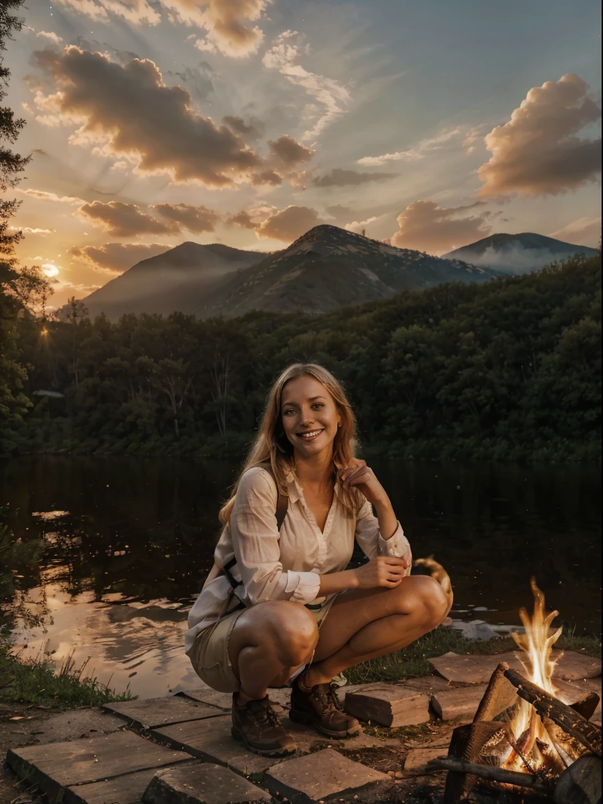 1 woman, blonde hair swedish woman, short pants, cold blouse ((full body, crouching, smiling, happy)), masterpiece, best quality, perfect eyes, perfect hands, perfect legs, ultra-detailed, solo, outdoor, (sunset), mountains, nature, (stars, cloud) cheerful, happy, backpack, sleeping bag, camping stove, water bottle, tennis, gloves, flashlight, forest, stones, river, wood, smoke, shadows, contrast,  style, (warm hue, warm tone: 1.2), cinematic light, side lighting, ultra high resolution, best shade, RAW, wooden house, campfire