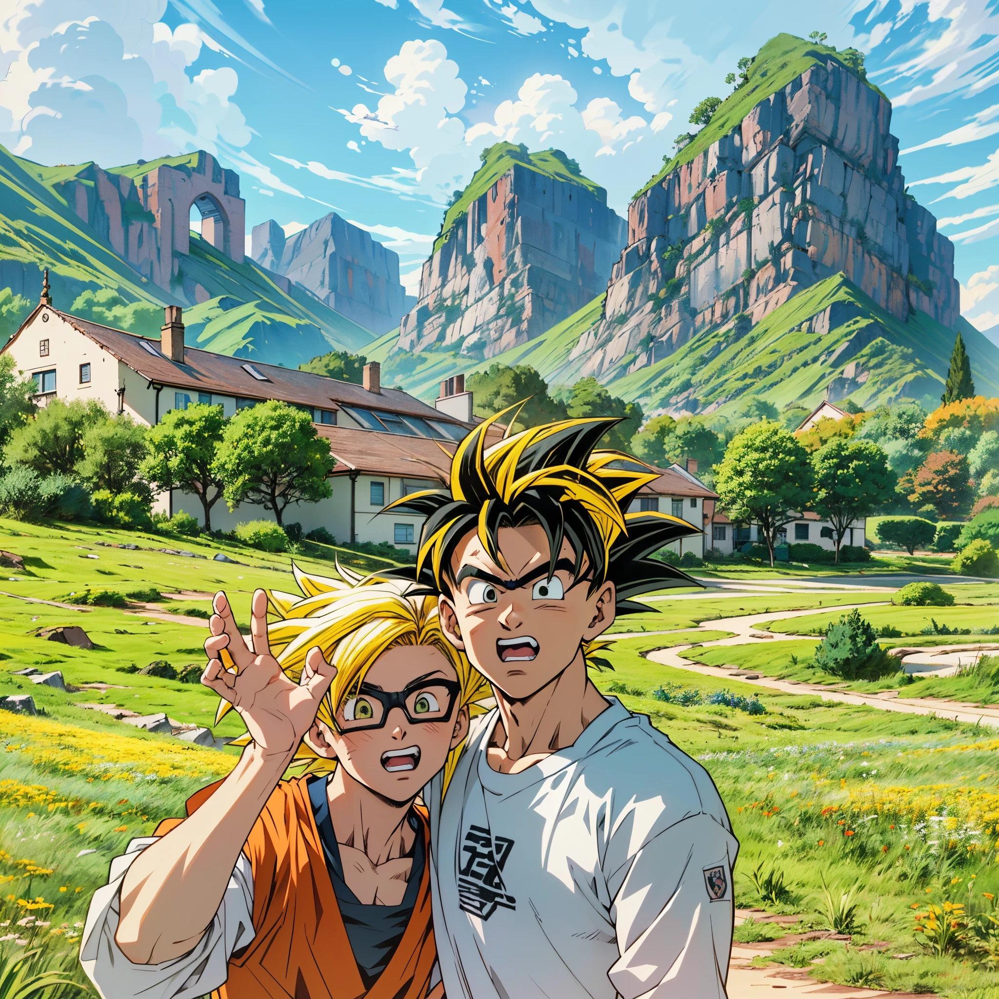 there are two people standing in a field with mountains in the background, 2D,Comic style, comics, dragonball,Son Goku,quadratic element,shoun,head portrait,super saiyan, ((yellow hair:1.3)),(blond hair:1.3), goku, super saiyan, dragon ball concept art, dragon ball artstyle,4k, manga wallpaper,