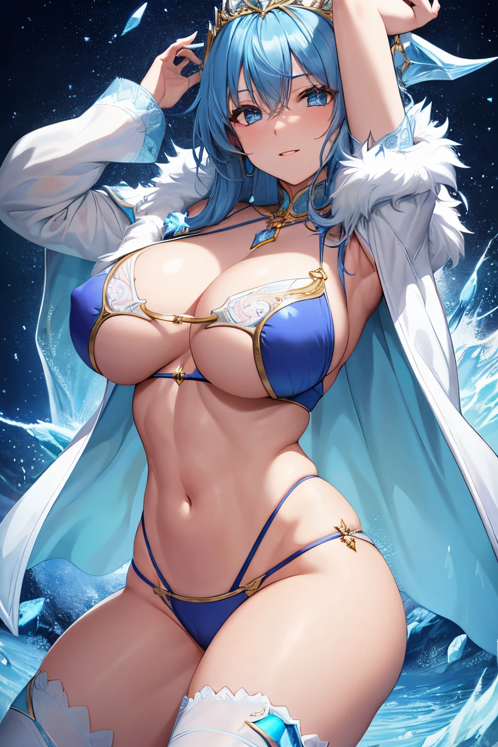 fantasy, ice, wizard, abs, beautiful girl, big breasts, cleavage, sexy