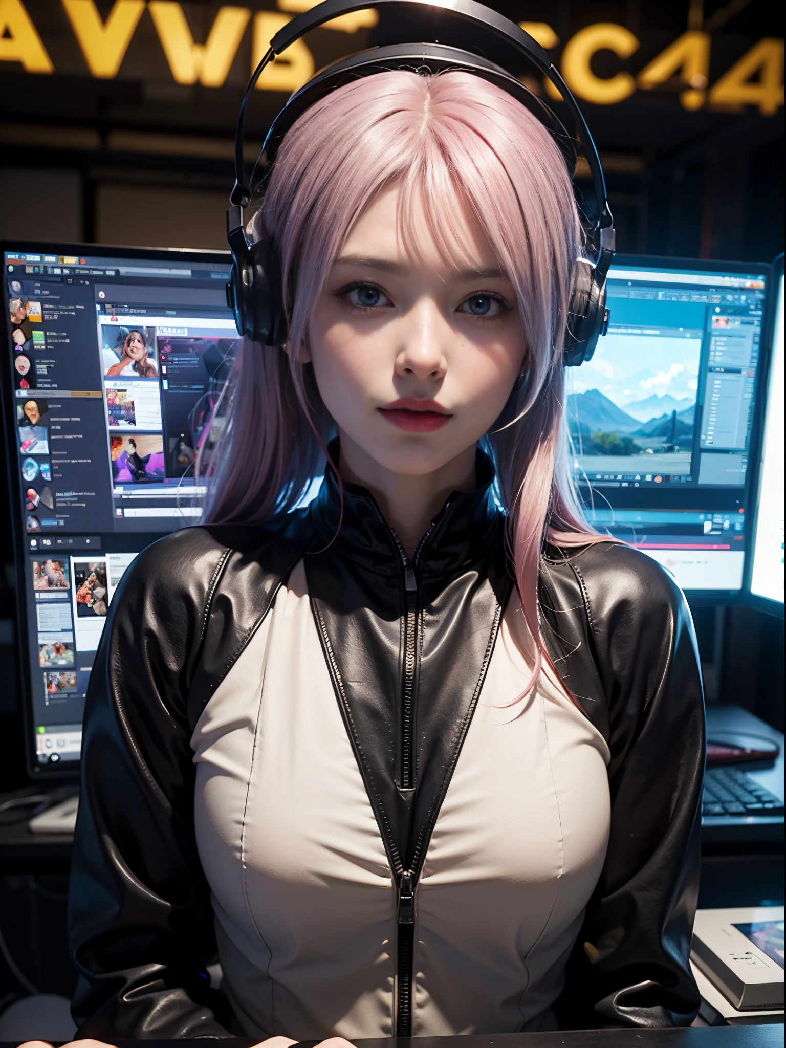 Girl sitting at the computer, connected to computer by cable, VR helmet, [beautiful detail eyes], [beautiful detailed lips], Extremely detailed eyes and face, [long eyelashes], [Digital Rendering], [Ultra-detailed], (Best Quality, 4k, 8K, hight resolution, Masterpiece:1.2), [Vivid colors], [physical based rendering], [sharp-focus], [Professional], VR game scene, [Futuristic background], [studio lightning], [Realistic], [Sci-Fi].