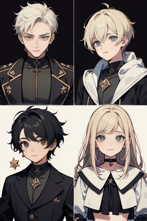 ((Masterpiece, Highest Quality)), Detailed Face, Character Sheets, full bodyesbian, Full of Details, multiple poss and expressions, Highly detailed, depth, many details, 1boys , Children All Over the Body :3, black crop top, Mittens, Stockings, black choker, Eye, Star (symbol), symbol-shaped pupils