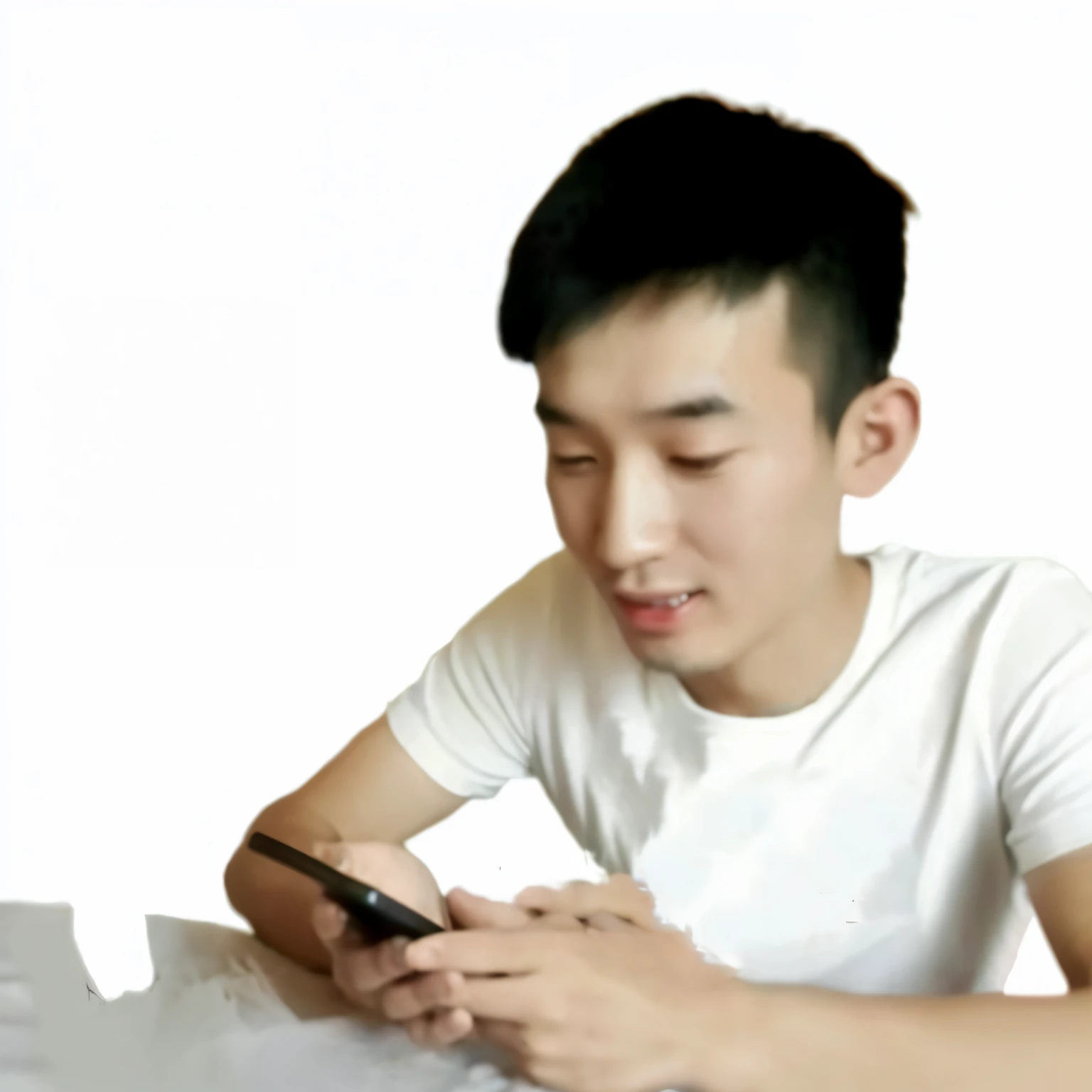 There is a man sitting at the table,holding cell phone, yanjun chengt, xintong chen, wenjun lin, zmenzheng, jinyiwei, looking at his phone, li zixin, yihao ren, zeng fanzh, heise jinyao, Inspired by Ding Yunpeng, qichao wang, mingchen shen