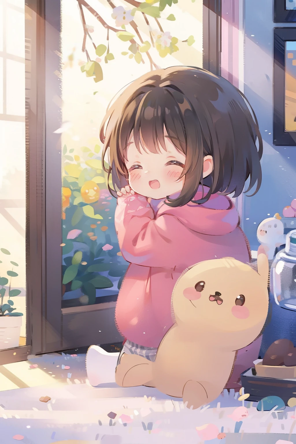 cute female child, At the Ice Fruit Shop , sun light from window.