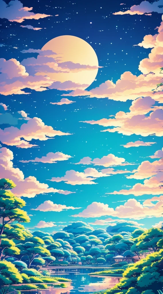 Studio Ghibli aesthetic scenery background wallpaper, sky, nature, magical, anime, cartoon, night