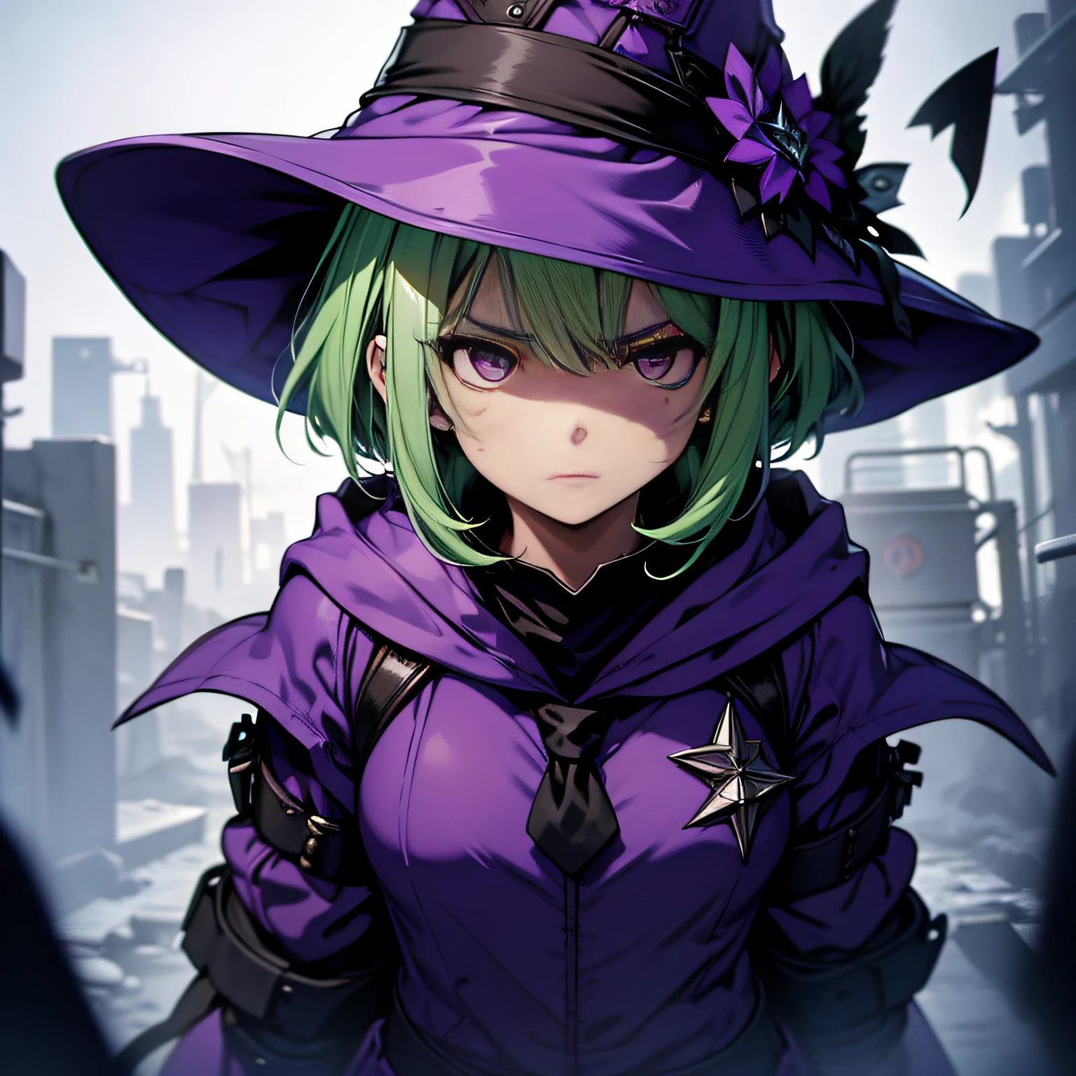 top-quality、extremely delicate and beautiful、(A )、Purple Eye、Green hair、short-haired、(purple witch hat)、Purple tie、Soio、shortsleeves、Purple skirt、Tactical Vest,Purple Wizard Robe、Navel、is standing、Facing the front、Expression of hatred、Dark background、Eye marks only