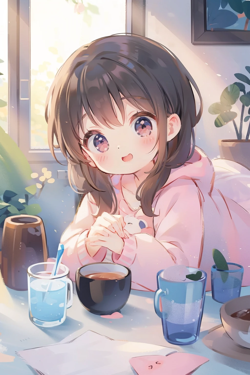 cute female child, At the Ice Fruit Shop , sun light from window.