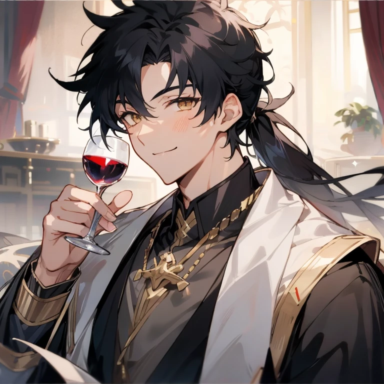 Anime boy with black hair and black clothes,cabelos preto e longos，gold eyes，high ponytails，（Smilingly）ssmile，holding a wine cup，Black clothes，gilgamesh, grand order of destiny, style anime, Like fate/spend the night with, destiny / spend the night with, Portrait of a magical blond prince, handsome anime pose, Fate still stays at night, joseph joestar, male anime characters, Produced by Anime Painter Studio, 8K!Chinese furniture，Lavish palace，