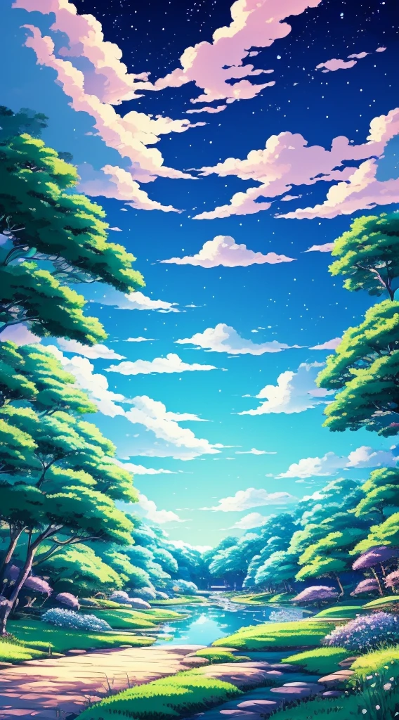 Studio Ghibli aesthetic scenery background wallpaper, sky, nature, magical, anime, cartoon, forest, night