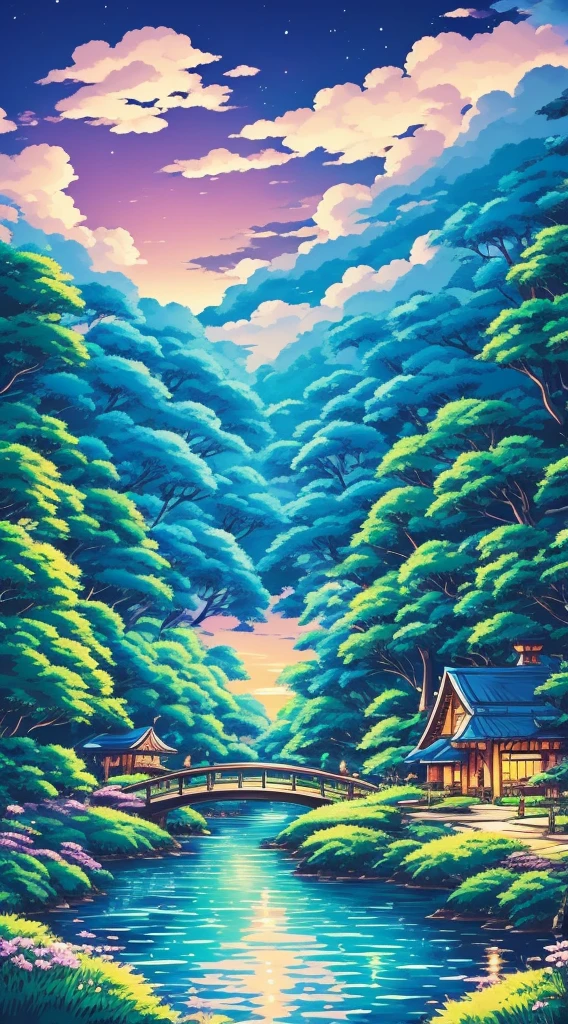 Studio Ghibli aesthetic scenery background wallpaper, sky, nature, magical, anime, cartoon, forest, night