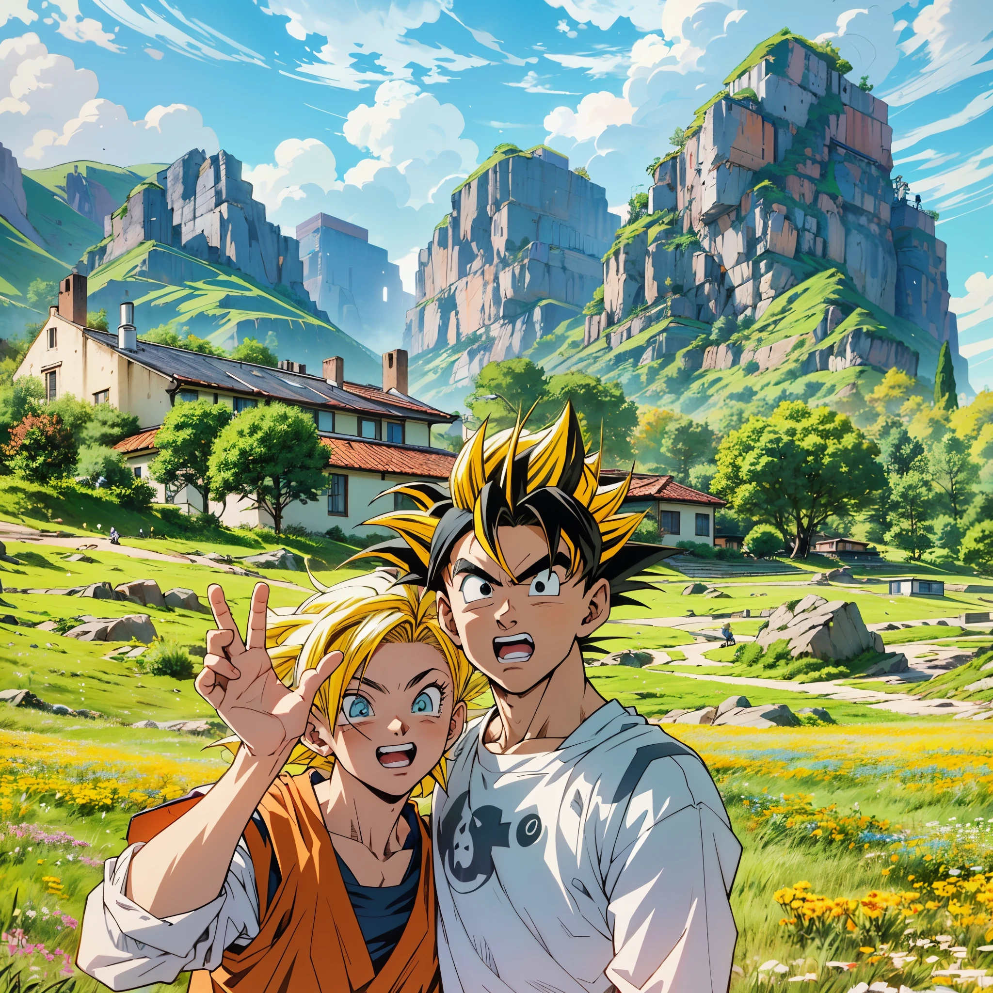 there are two people standing in a field with mountains in the background, 2D,Comic style, comics, dragonball,Son Goku,quadratic element,shoun,head portrait,super saiyan, ((yellow hair:1.3)),(blond hair:1.3), goku, super saiyan, dragon ball concept art, dragon ball artstyle,4k, manga wallpaper,