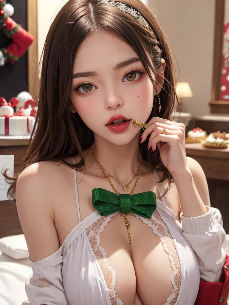 Christmas cake、Sexy 2D beautiful girl eating、realisitic、