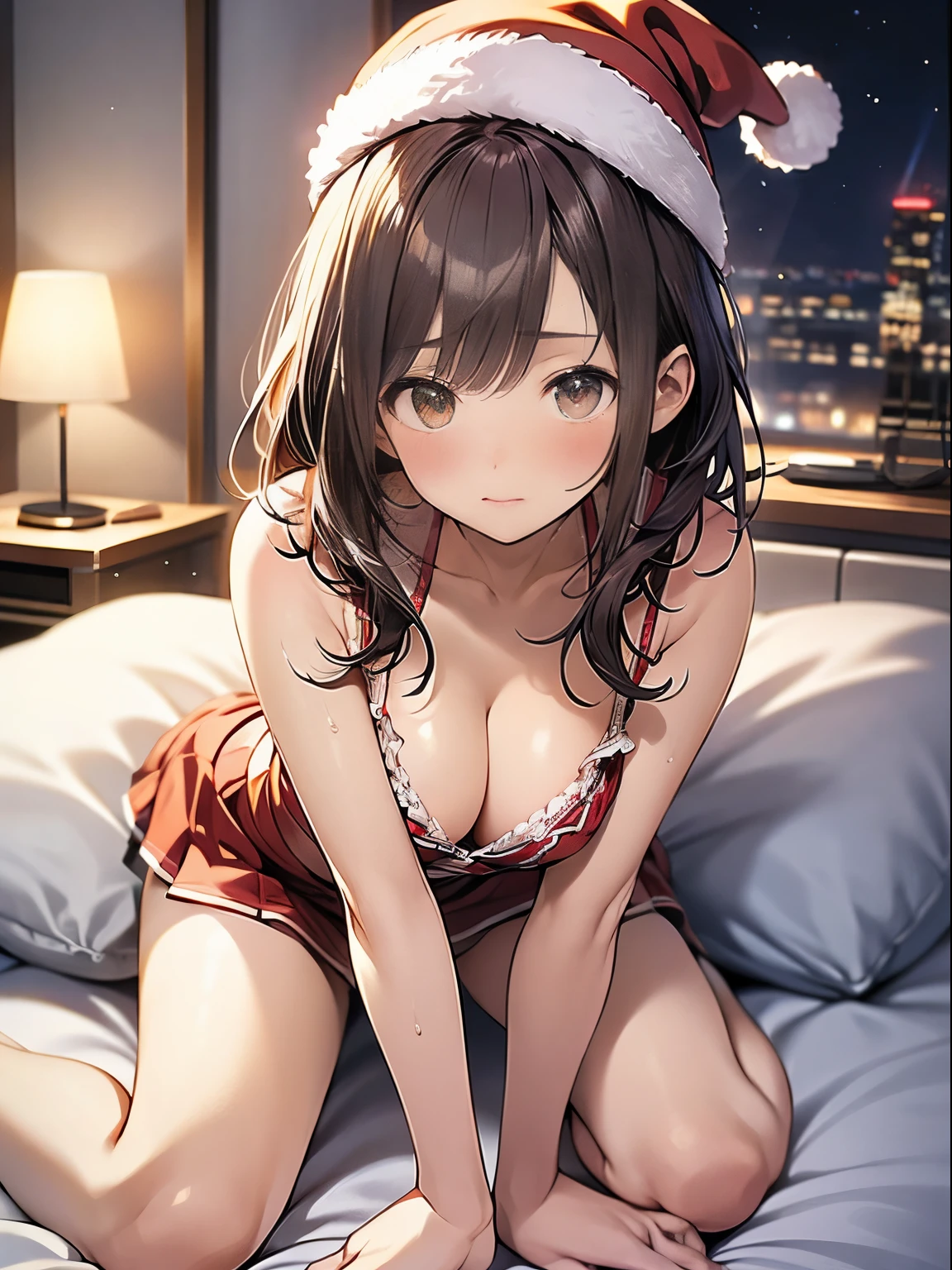 in 8K、top-quality、masterpiece、ultra-detailliert、Ultra-high resolution、1 persons、 girl、natta、darkened room、On the futon、a blond、middlebreasts、santa costume、Santa Claus hat、all-fours、looking at from the front、embarrassed from、cleavage of the breast