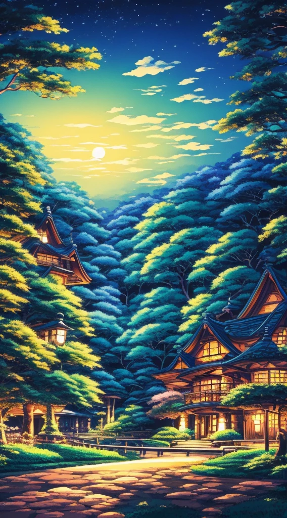 Studio Ghibli aesthetic scenery background wallpaper, night, forest, nature, magical, anime, cartoon