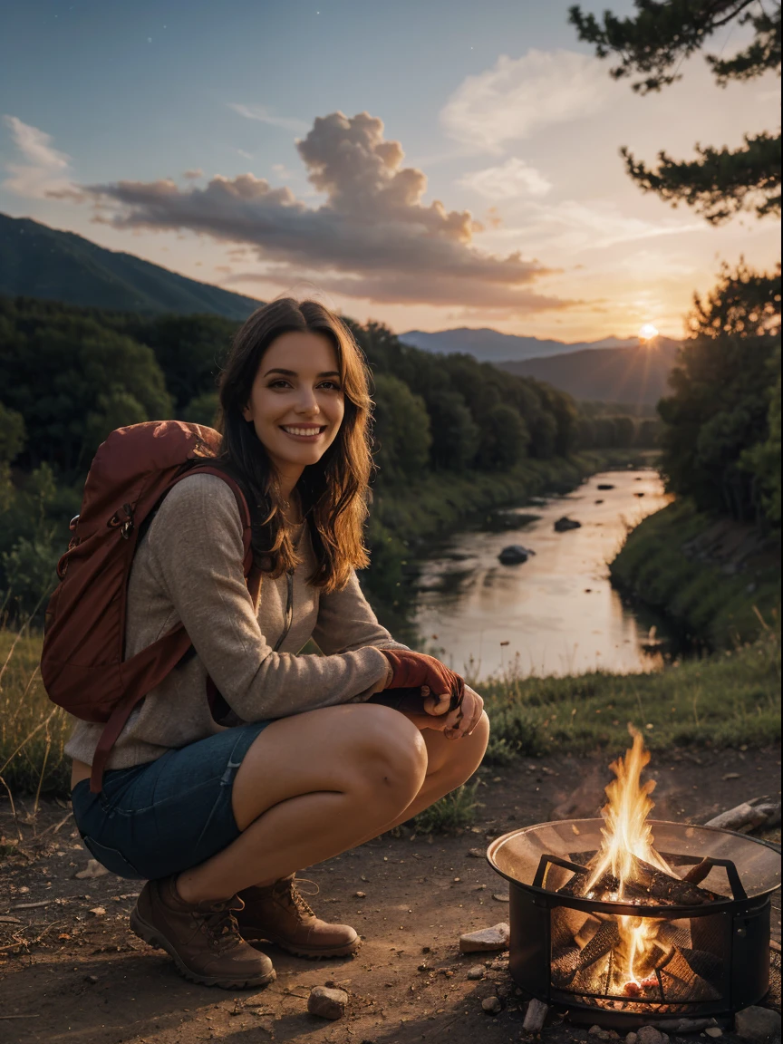 1 woman, blonde hair swedish woman, short pants, cold blouse ((full body, crouching, smiling, happy)), masterpiece, best quality, perfect eyes, perfect hands, perfect legs, ultra-detailed, solo, outdoor, (sunset), mountains, nature, (stars, cloud) cheerful, happy, backpack, sleeping bag, camping stove, water bottle, tennis, gloves, flashlight, forest, stones, river, wood, smoke, shadows, contrast,  style, (warm hue, warm tone: 1.2), cinematic light, side lighting, ultra high resolution, best shade, RAW, wooden house, campfire