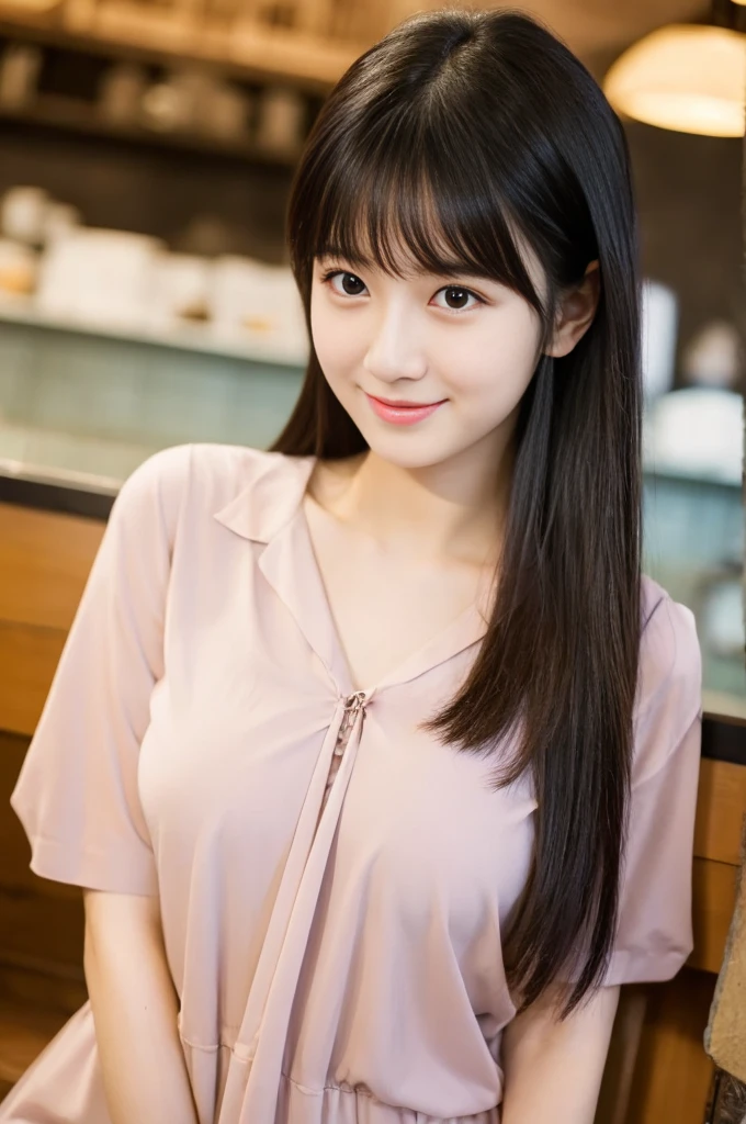 downbrouse、No bangs:1.10、straight flat chest:1.20, (leaning-forward:1.3)、(oversized T-blouse、Loose chest:1.5)、bra very.10, Pink areola is visible:1.20,  B Cup:1.20, Erotic, (top-quality、8K、32K、​masterpiece)、japanes、17 age、Very pretty girl、a beauty girl、crouching down、Bright smile、shinny skin、blurry backround、short-cut:1.10、Ear hooks:1.20, A dark-haired:1.10, Upper body close-up、Shot from above　embarassed expression,Alafed Girl, chiho, iwakura lain, closeup Iwakura Lain, With short hair, Shiori Teshirogi, Kotegawa Yui, hime-cut, She is 17 years old, sui ishida with black hair, lain iwakura, girl cute-fine-face, Clear pubic contours,(Small breasts), hight resolution, ighly detailed, top-quality, [​masterpiece:1.6],, ighly detailed, nffsw, finely detail, top-quality, , Cinematographic lighting, 1girl in、17 age、Cute Japan Girls、perfect body type、, Cute droopy eyes、Beautiful big eyes、ultra-detailliert、hight resolution、Transcendent beauty　top-quality、​masterpiece、majicMIX Real、(Raw photography:1.2)、(Photorealsitic:1.4)、Inside the café、Kamimei
