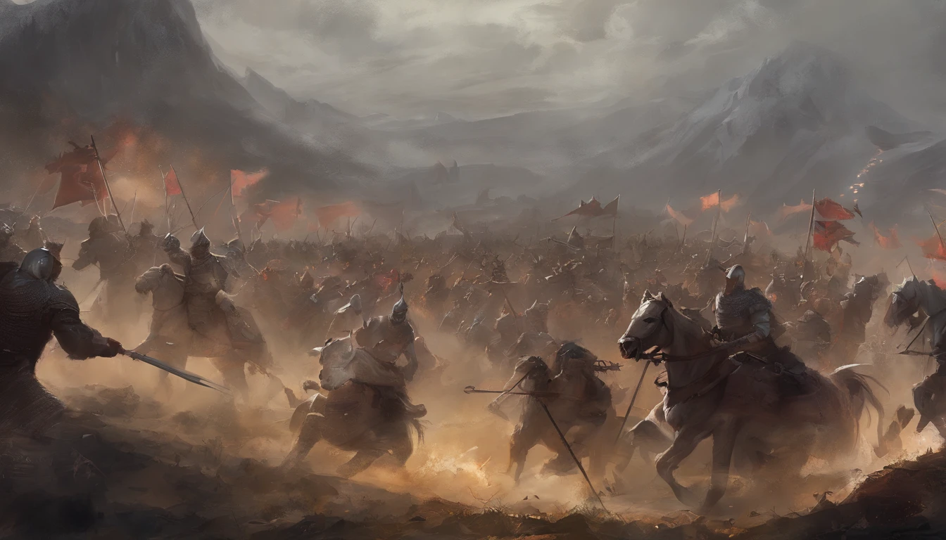 A close-up of a medieval war scene，The fighting was fierce，spectacular，The medieval crusaders fought a lot of terrifying battles(Minotaur team：1.3)，(Overwhelming enemies)，On the plain，eventide，Medieval landscape，Fantastical，4K，best qualtiy，primitive，（(Ultra-detailed and high-precision details))，Photo texture，真实感，Delicate and smooth，Light