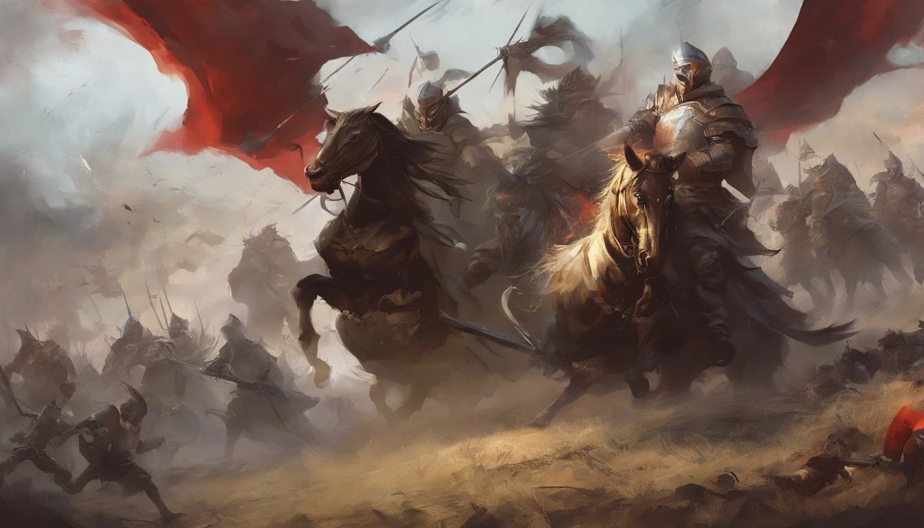 a close up of a group of people on horses in a field, epic battlescene, heroic battle scene, background: battle scene, award - winning epic painting, epic fantasy battle, epic battle scene, epic fantasy game art, medieval fantasy battle, background of invading army, medieval fantasy game art, battle landscape, glory war, detailed game art illustration