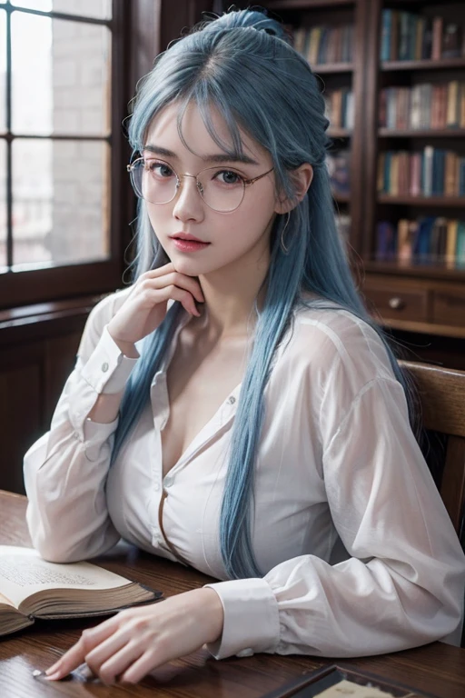 16-year-old woman, streaked hair, Beautiful hairstyle, transparent thin frame glasses, thinking face, ssmile (Wear button-down shirts, Large breasts), sitting down, Learn, intermittently, lying on the table, get a pencil, opened book, glass of milk, table light, intermittently, In the library, Wall decoration, Mini library, glass window, wall clock, intermittently, 电影灯光, realistically, tmasterpiece, Best quality at best, Complex CG, The face is very detailed, High detail eyes, There is milky white liquid flowing on the surface of the chest skin, light blue hair, quad braids