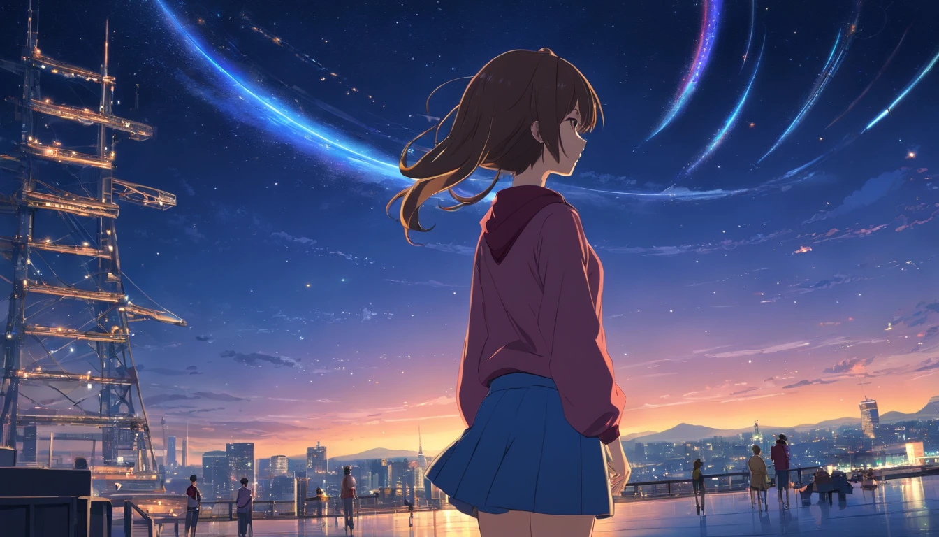 Full body, Long shot, master peace, High-quality, Back view,  A long hair female using a smartphone, (Perfect hands), with many colleagues, night sky with many stars and satellites,
