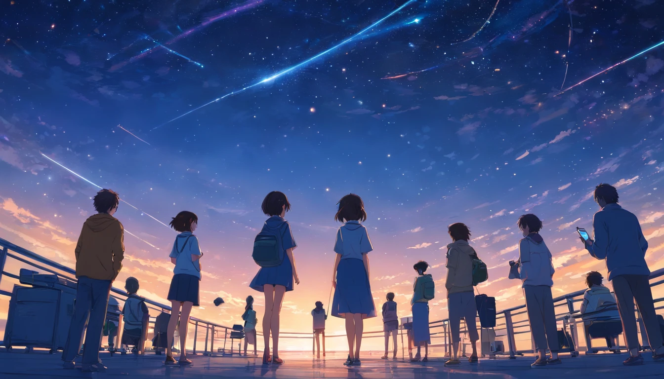 Full body, Long shot, master peace, High-quality, Back view, A long hair female using a smartphone, (Perfect hands), with many colleagues, night sky with many stars and satellites,