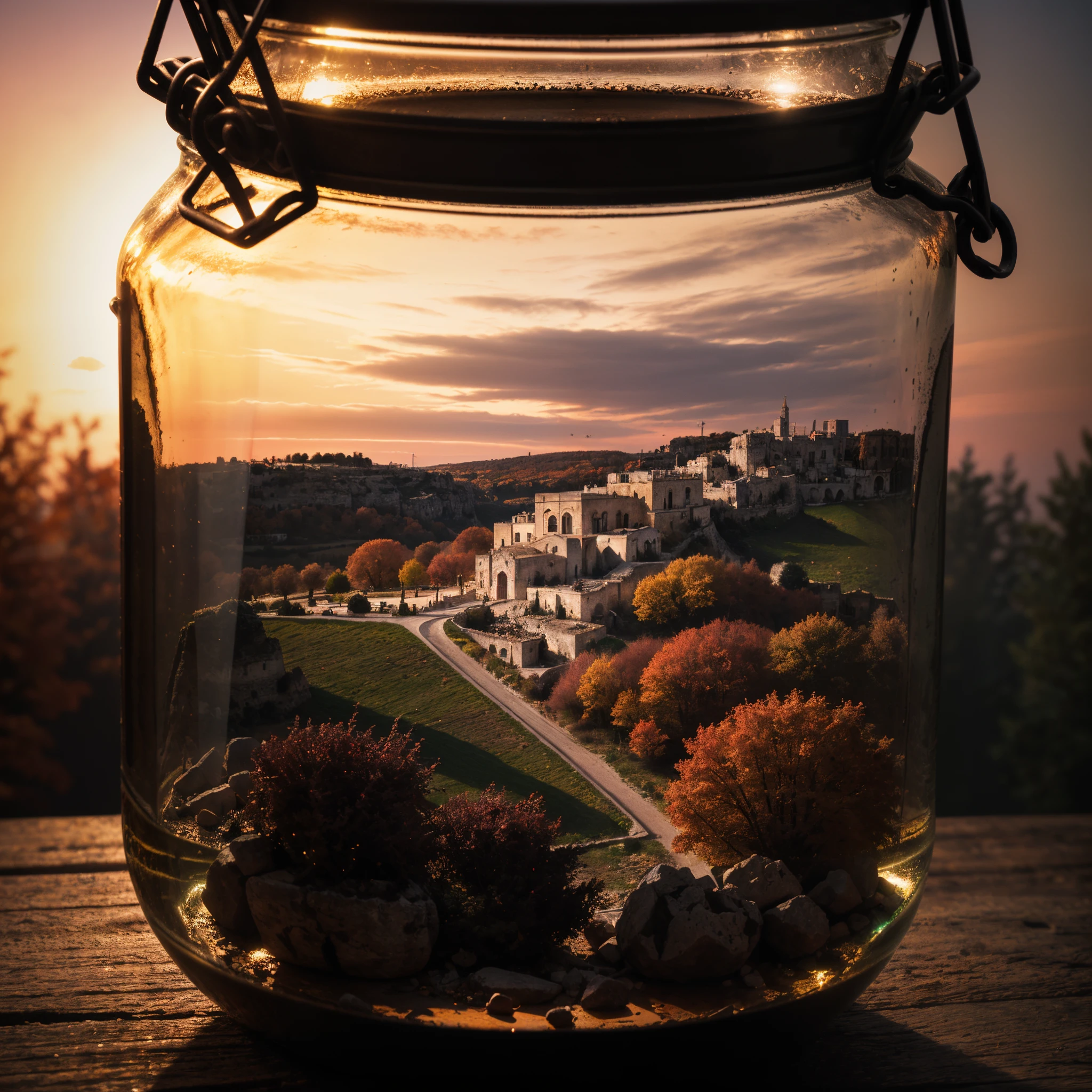 (An intricate minitown Matera landscape trapped in a closed jar), atmospheric greenish lighting, Realism, film grain, super detail, on a desk, it's autumn in the jar. 4k UHD, dark vibes, hyper detailed, vibrant colors, reddish sky background, epic composition, octane render, sharp focus, high resolution isometric, closeup view.