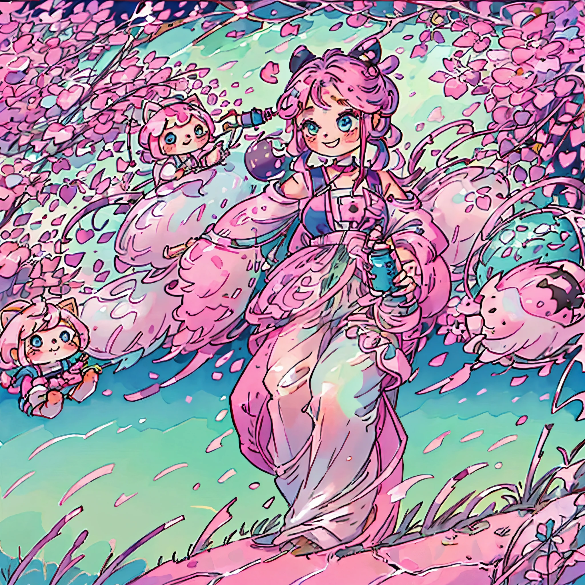 1girl, ager, pink hair color, smile, wearing a shirt that has a picture of a cat on it and jeans, twin tail hairstyle, sitting on a chair in the garden, holding a drinking bottle