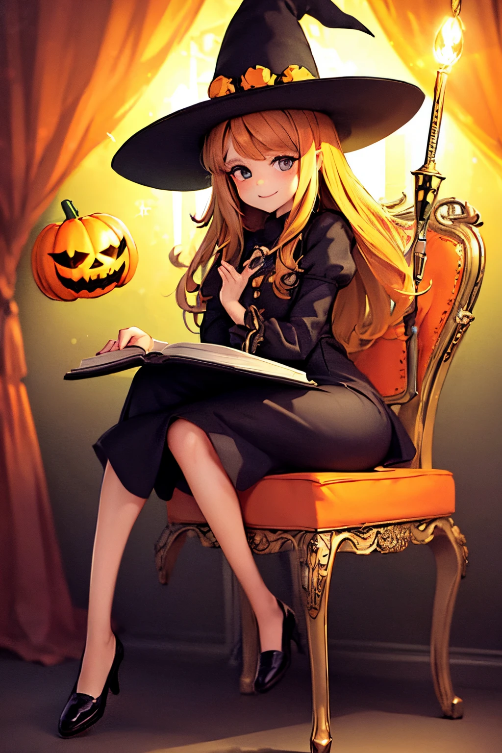 ((top-quality))、 ((masterpiece))、Cute Halloween Theme、full body Esbian、A smile、 The Wand and the Magic Book、Glamorous Hat、Halloween Accessories、Draw clothes buttons and pockets in a Halloween style、Cute shoes、sit a chair、bio luminescent、radiant light