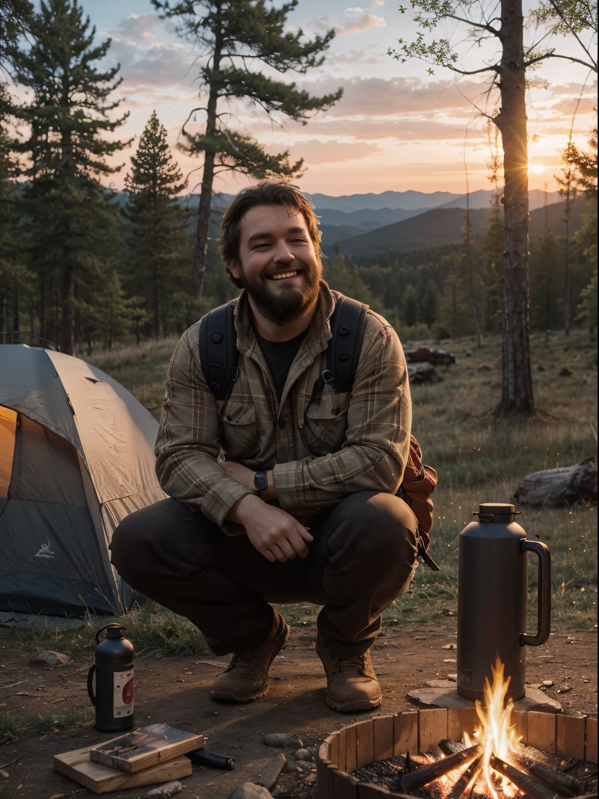 1 man, fat man, ((shaggy-bearded)), cargo pants cold blouse ((full body, crouching, smiliing, happy)), masterpiece, best quality, perfect eyes, perfect hands, perfect legs, ultra-detailed, solo, outdoor, (sunset), mountains, nature, (stars, cloud) backpack, sleeping bag, camping stove, water bottle, gloves, flashlight, forest, stones, river, wood, smoke, shadows, contrast,  style, (warm hue, warm tone: 1.2), cinematic light, side lighting, ultra high resolution, best shade, RAW, wooden house, campfire