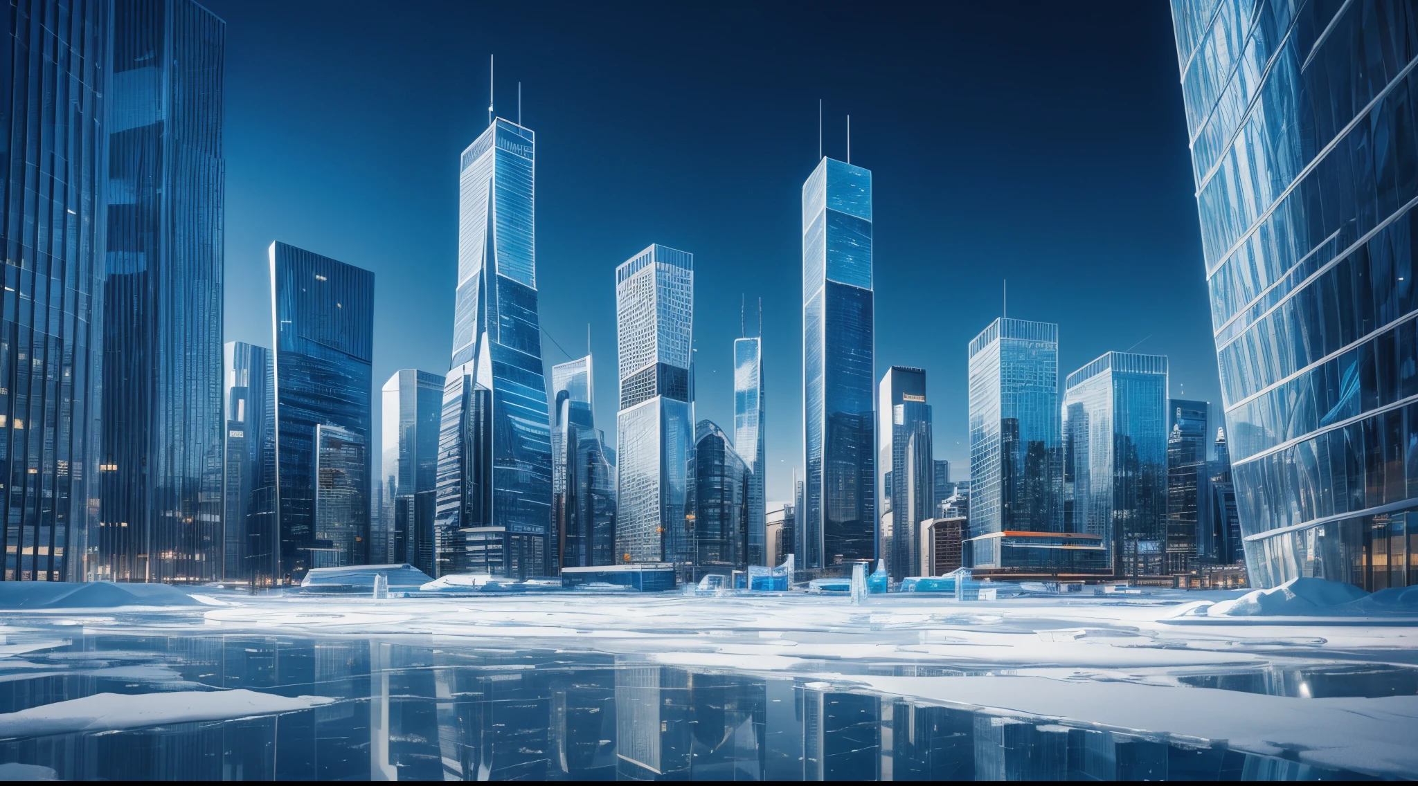 masterpiece, award winning, high quality, super detail, photo, ice skyscraper, in the ice city, frozen city, glass-like ice building, city ​​covered in ice and snow, shining ice, in Europe, soft light, in winter