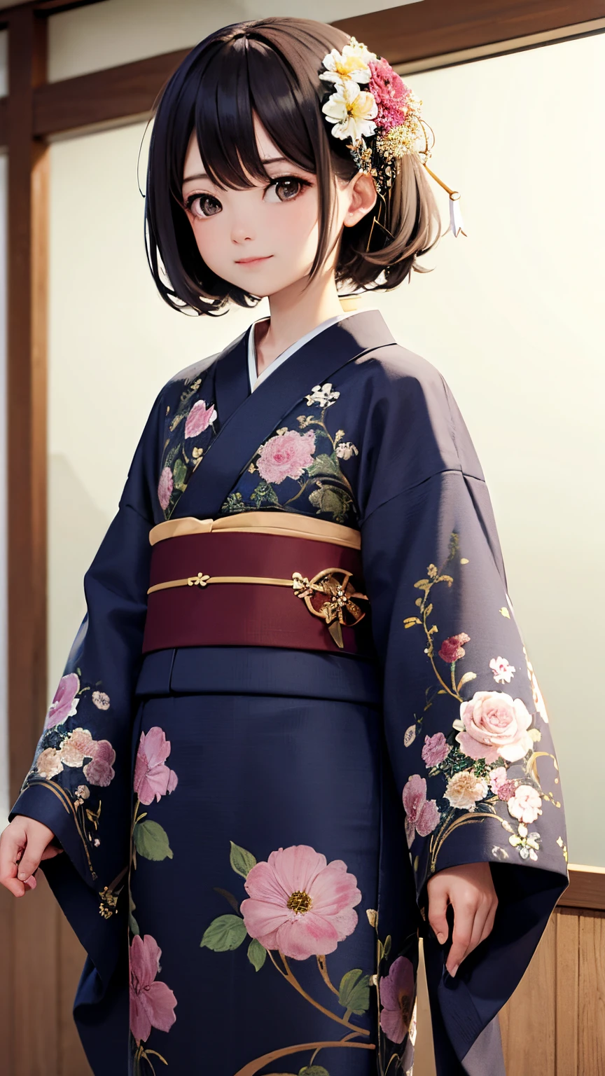 ((top-quality))、 ((masterpiece))、florals、Kimono、Stand in front of the photo 、Flowers in the foreground、Strong bokeh