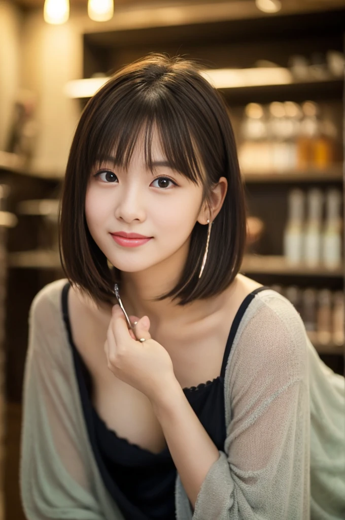 downbrouse、No bangs:1.10、straight flat chest:1.20, (leaning-forward:1.3)、(oversized T-blouse、Loose chest:1.5)、bra very.10, Pink areola is visible:1.20,  B Cup:1.20, Erotic, (top-quality、8K、32K、​masterpiece)、japanes、17 age、Very pretty girl、a beauty girl、crouching down、Bright smile、shinny skin、blurry backround、short-cut:1.10、Ear hooks:1.20, A dark-haired:1.10, Upper body close-up、Shot from above　embarassed expression,Alafed Girl, chiho, iwakura lain, closeup Iwakura Lain, With short hair, Shiori Teshirogi, Kotegawa Yui, hime-cut, She is 17 years old, sui ishida with black hair, lain iwakura, girl cute-fine-face, Clear pubic contours,(Small breasts), hight resolution, ighly detailed, top-quality, [​masterpiece:1.6],, ighly detailed, nffsw, finely detail, top-quality, , Cinematographic lighting, 1girl in、17 age、Cute Japan Girls、perfect body type、, Cute droopy eyes、Beautiful big eyes、ultra-detailliert、hight resolution、Transcendent beauty　top-quality、​masterpiece、majicMIX Real、(Raw photography:1.2)、(Photorealsitic:1.4)、Inside the café、Kamimei
