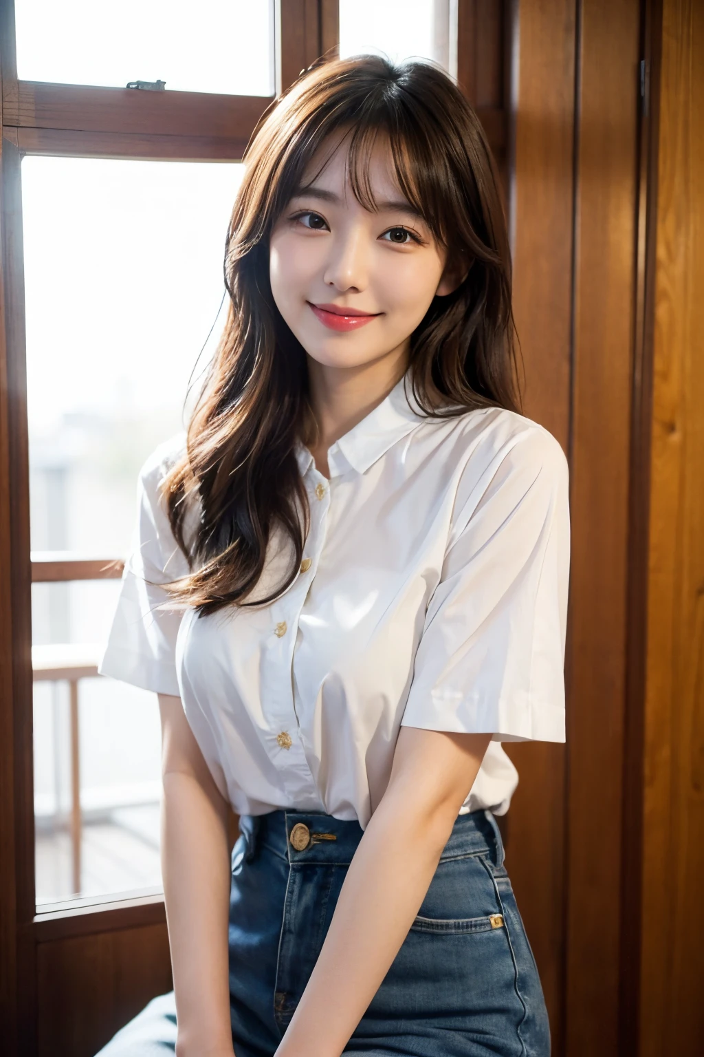 (Best quality, Complex details: 1.2,Realistic:1.2) ,A girl\(22 years old\),[Liu Yifei:0.9],(women's long sleeves collared shirt ,necklace),[Denim shorts],long hair, grin,stand,(white skin:1.2),(many people:1.2),living room,