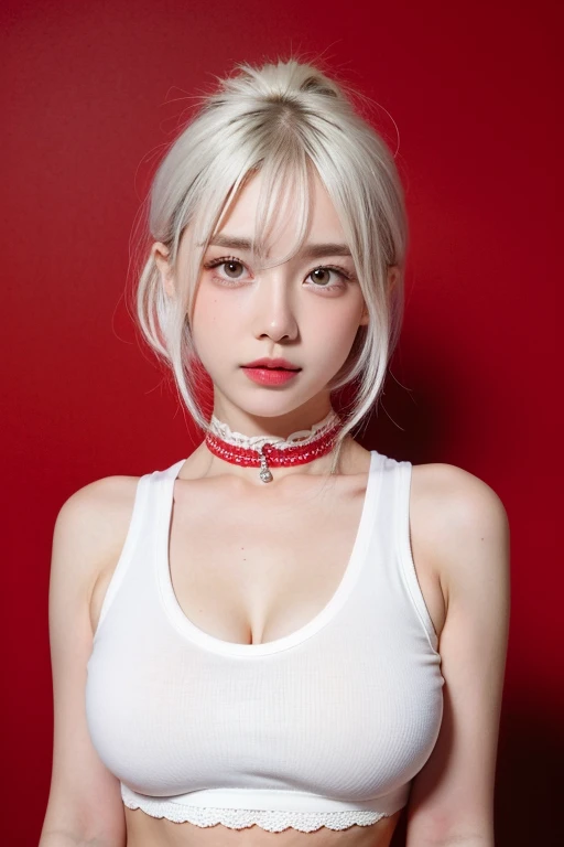 1个Giant Breast Girl, heart - shaped pupils, finger nails, White hair, a purple eye, (Be red in the face:1.1), choker necklace, The upper part of the body, shiver, perspiring, drops of sweat, inner strength, (mediuml breasts:0.6), Loves, inner strength, Crop top, cheerful, ssmile,  Lace, bokeh, (freckle:0.8), Natural skin texture, sportrait, (Red_Background with:1.3),