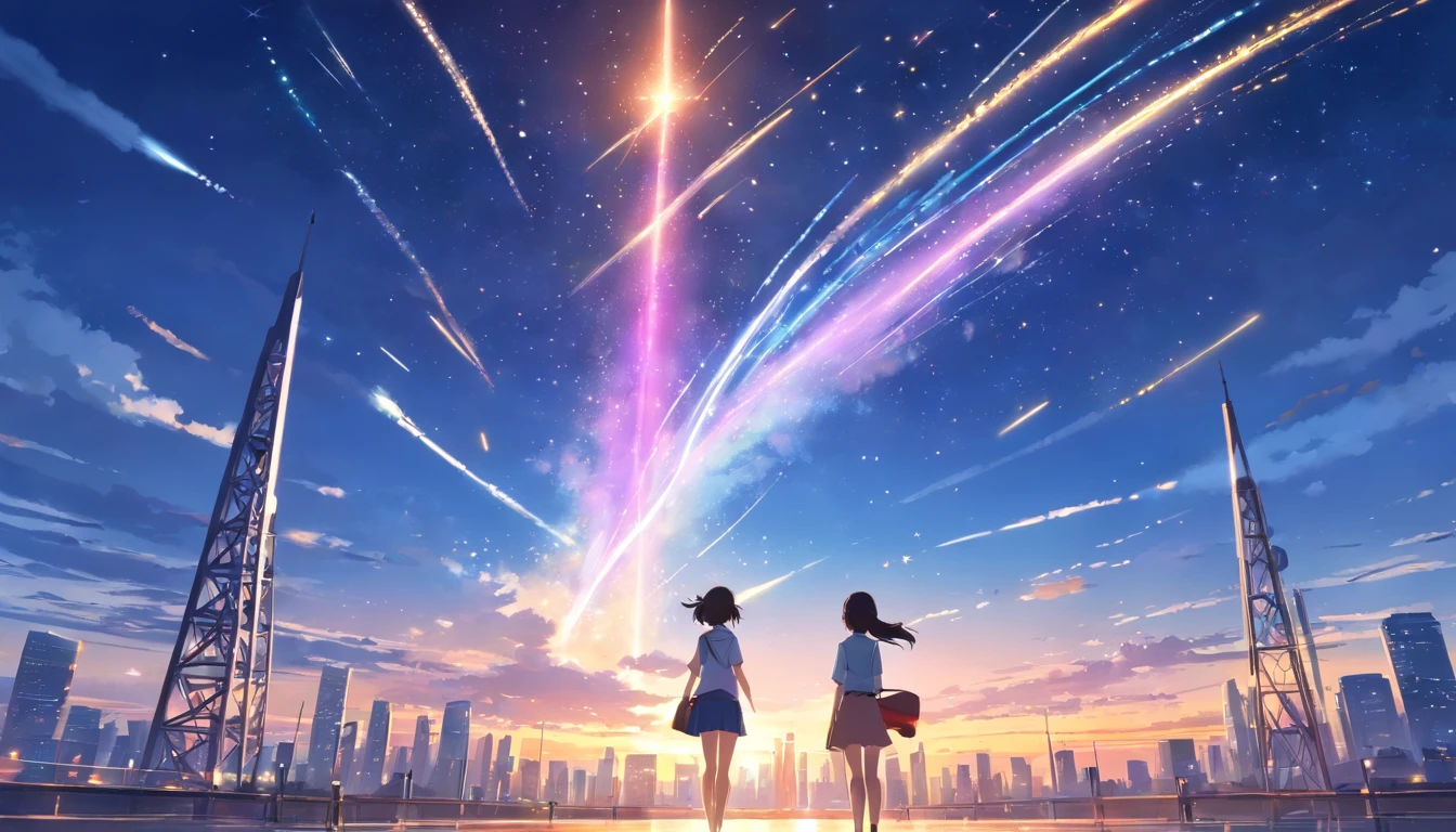 Full body, Long shot, master peace, High-quality, Back view, A long hair female, ((using a smartphone)), (Perfect hands), with many colleagues, perfect blue sky with satellites (no shooting star), Steel tower