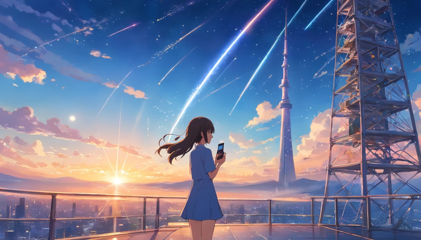Full body, Long shot, master peace, High-quality, Back view, A long hair female, ((using a smartphone)), (Perfect hands), with many colleagues, perfect blue sky with satellites (no shooting star), Steel tower