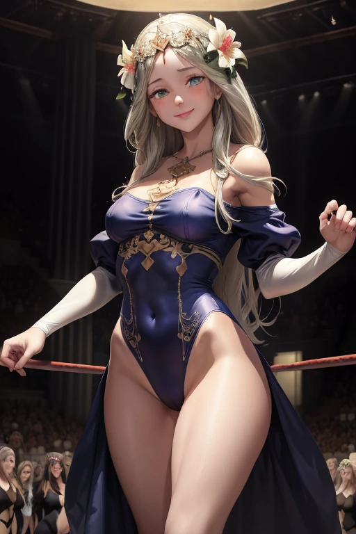 masterpiece, best quality, altRhea, hair flower, tiara, off-shoulder dress, sundress, looking at viewer, tears in eyes, smile, ((Tight leotard)), ((sexy pose)), ((Wrestling ring))