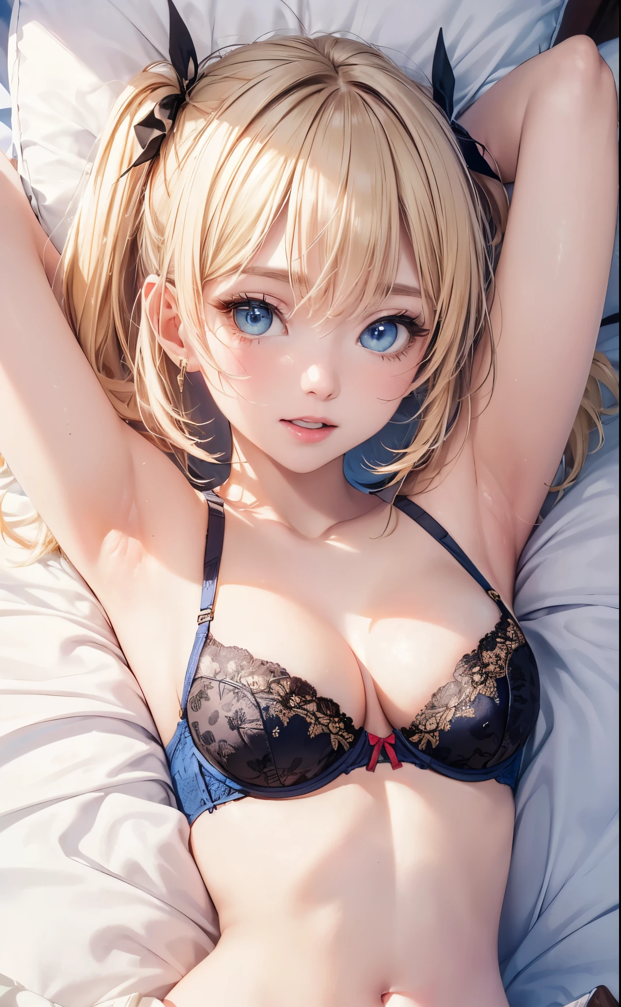 (masterpiece),(top-quality:1.2),1girl in,(masuter piece:1.3),exquisitedetails, Highest quality 8K resolution, Ultra-detailed, Realistic, Vibrant colors, Soft tones, With warm and gentle lighting,(Fashionable bras:1.3),(Smooth straight blonde hair:1.2),(Hair parted in the middle:1.3),(Glowing hair),(Dark blue eyes:1.3),White skin, hair clips,wrist watch,Overflowing soft and gentle feelings,(Filled with flowers),rays of sunshine,Warm golden glow,happiness and laughter,Sticking to ultra-detailed depictions and vivid colors. A style that combines romanticism and realism、depth of love,color palettes,and the lighting is soft and diffused, Shine a gentle light on your face,The artwork is a masterpiece,