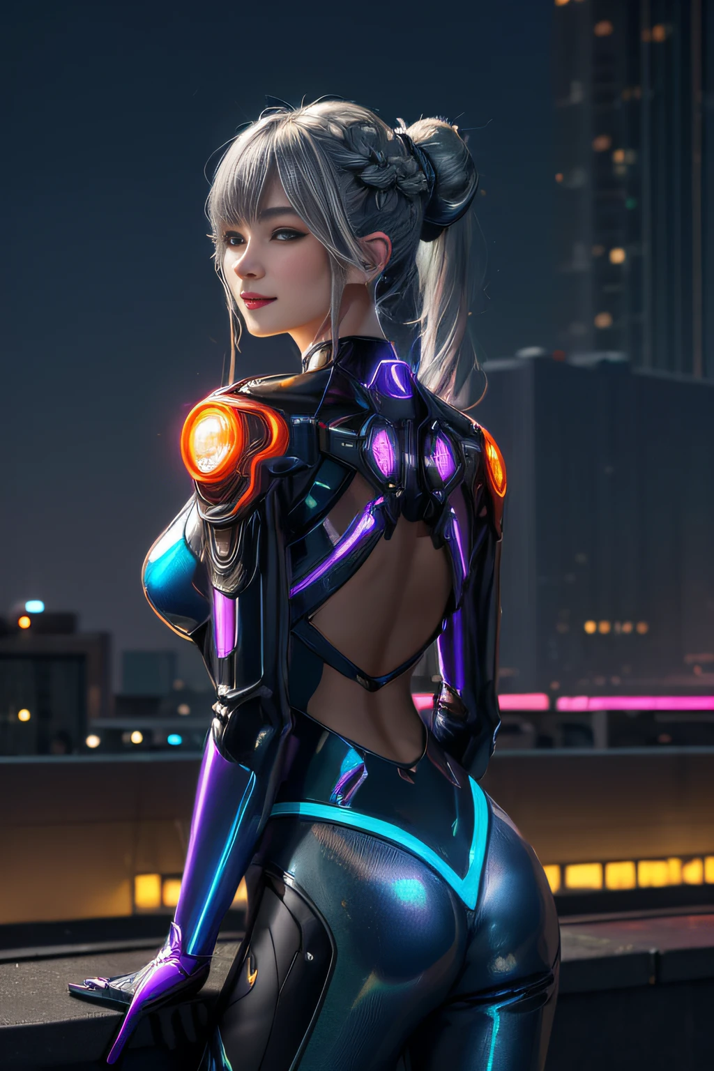 (((Turn around:1.7))),Cyber City at Night,(Gorgeous night view illumination:1.3),(stand with your back to the roof of a building:1.3)The actress is a very beautiful adult woman......(Sexy super shiny orange transparent holographic mechanical cyberpunk suit:1.3) ,(Mechanical suit that lights up with brightly colored LEDs:1.3),Surrounded by a network of wires. Surrounded by a web of circuits.Sexy face, a necklace,piercings, Happy smile.Sexy Pose, (Silver hair、Ponytail twisted buns adorned with elaborate braids and beads,Braided Setup Fishbone Hair,),(Bangs are see-through bangs),(hair pin、poneyTail、Floating hair、),breast slip,(Emphasis on large breasts:1.3),profetional lighting,Cinematic Light,(masutepiece,top-quality,Ultra-high resolution output image,) ,(The 8k quality,),(Sea Art 2 Mode:1.3),,(Image Mode Ultra HD,)