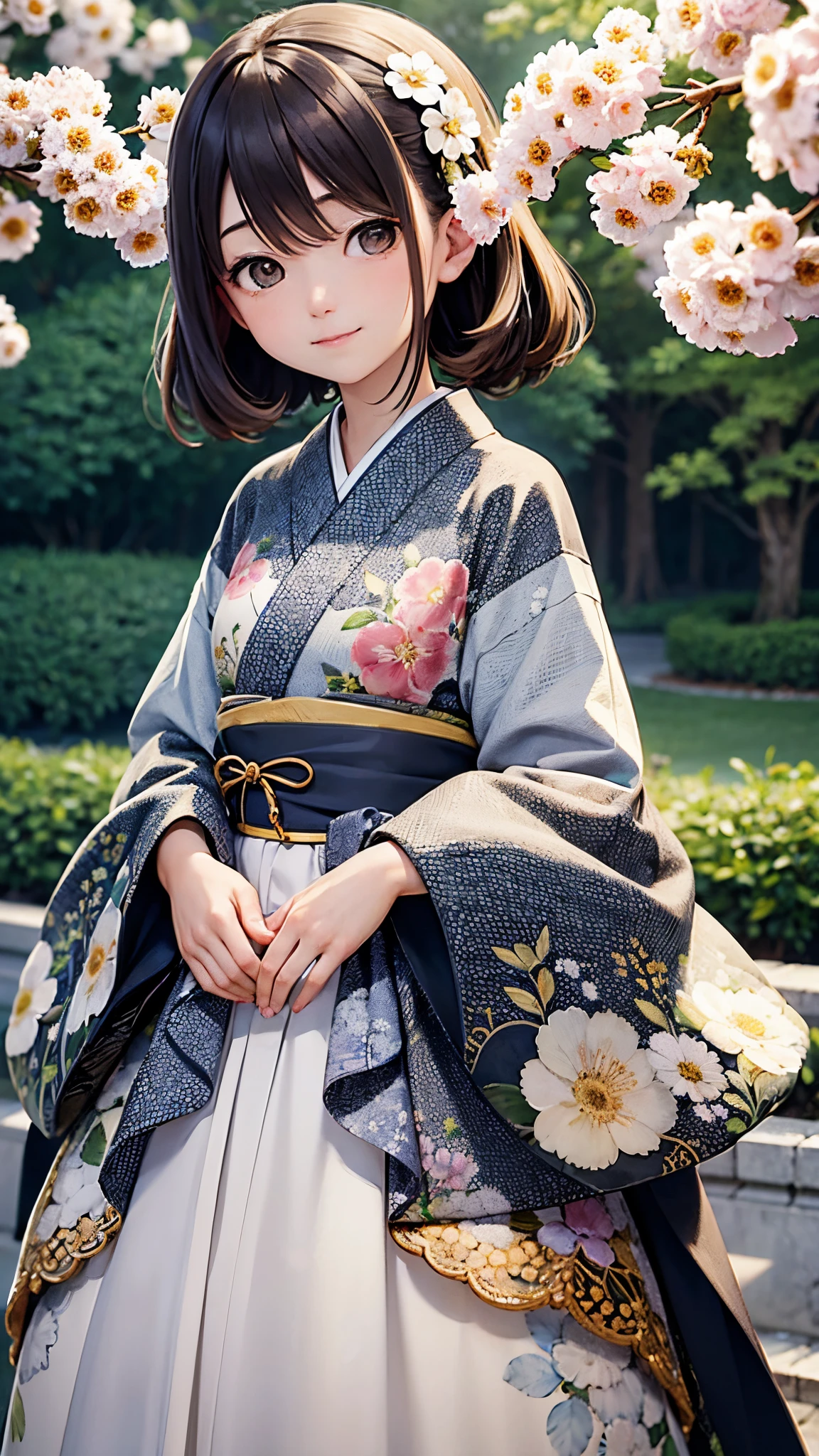 ((top-quality))、 ((masterpiece))、florals、Kimono、Stand in front of the photo 、Flowers in the foreground、Strong bokeh