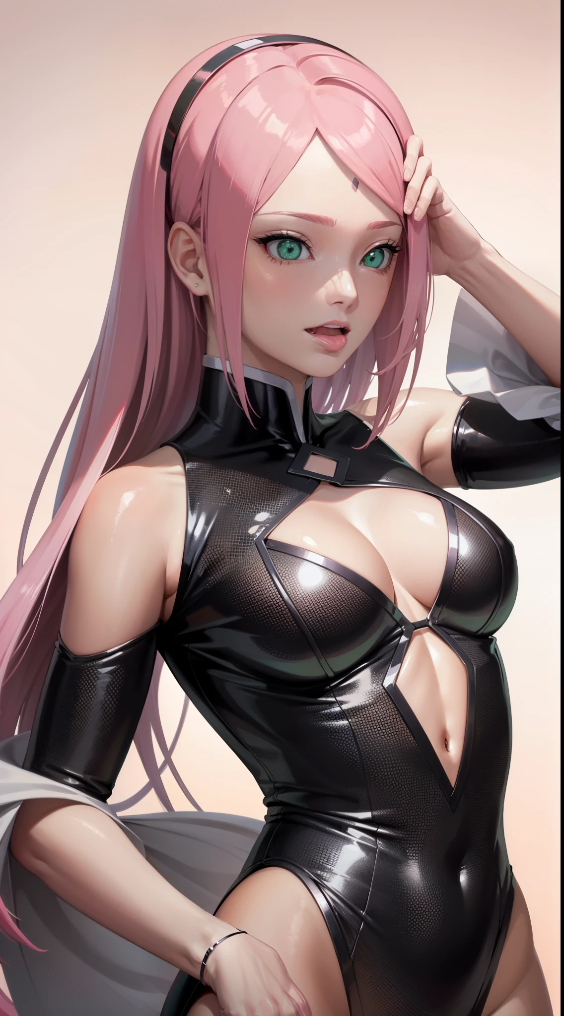 Obra prima, extremamente detalhado, melhor qualidade, best ilumination, melhor sombra, rosto perfeito, curvas suaves, corpo feminino, cabelo curto rosa, red bow in hair, Haruno Sakura, sensual, boca aberta, tongue stickout, drooling tongue, konoha, flores de cerejeira, sorriso, peitos grandes,