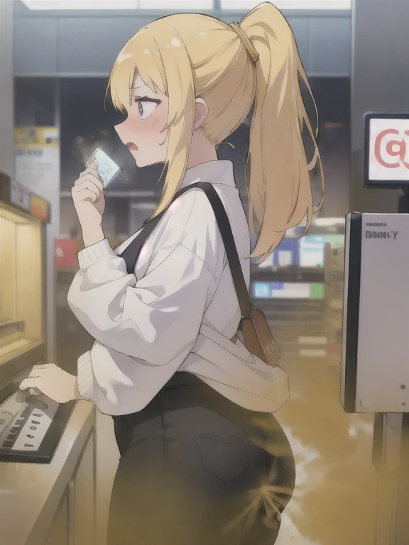 ((velocity)),Yellow smoke,Attacked by farts, (((Women a cashier))),velocity,(Yellow smoke is rising),i'i'i'i'i'i'cashier)),((One Woman)),((A girl smells a fart and gets scared)),(masterpiece:1.2、top-quality)、(the Extremely Detailed CG Unity 8K Wallpapers、ultra-detailliert、Best Shadows)、(细致背景)、(The best lighting、extremely delicate and beautiful)、depth of fields、1girl in、独奏、facing the screen、closed her eyes,Women cashier,Ephemeral,,(ponytail),(blonde)),((((Girl is surprised when she smells the bad smell of farts)))),outfit like a cashier(),((((profile facing diagonally)))),((i'I opened my mouth in surprise....)),((Looking you)),((Scared look)),((massive fart)),((fart text)),((loud fart))