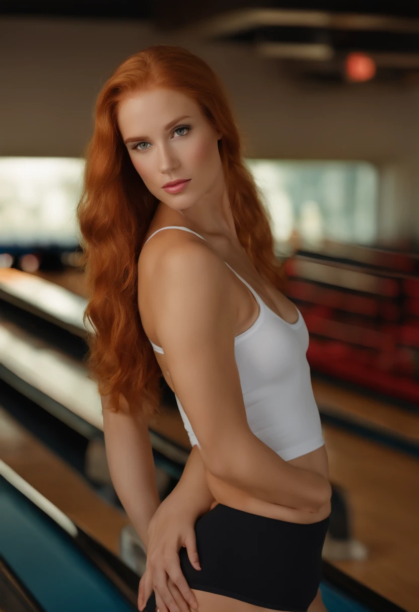 professional, (4k photo:1.1) by (Jeremy Lipking:0.3), (Dittmann Anna:0.3), (Arian Mark:0.3), (Sharp focus:1.3), high detail, wearing (sportswear:1.2), beautiful detailed face, hazel eyes, long blonde hair, (attractive young red hair woman:1.3), (seductive:1.1), (blushing:1.1), hourglass body shape, small round breasts, wide hips, in background bowling, big boobs , 60 kilos