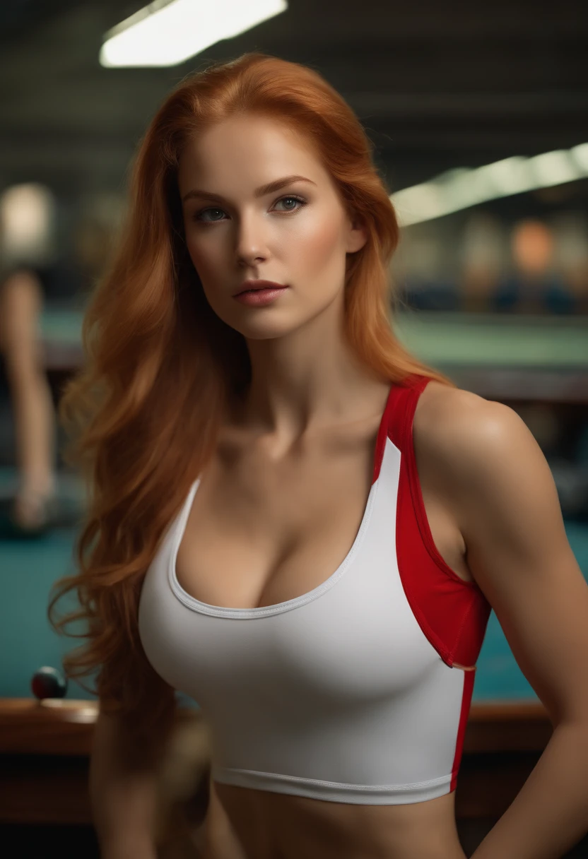 professional, (4k photo:1.1) by (Jeremy Lipking:0.3), (Dittmann Anna:0.3), (Arian Mark:0.3), (Sharp focus:1.3), high detail, wearing (sportswear:1.2), beautiful detailed face, hazel eyes, long blonde hair, (attractive young red hair woman:1.3), (seductive:1.1), (blushing:1.1), hourglass body shape, small round breasts, wide hips, in background bowling, big boobs , 60 kilos