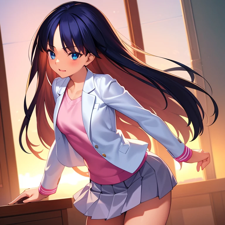 beautiful, masterpiece, best quality, extremely detailed face, perfect lighting, 1girl, solo,ikamusume, shirt, white shirt, jacket, open jacket, skirt, pleated skirt, thighs, cowboy shot