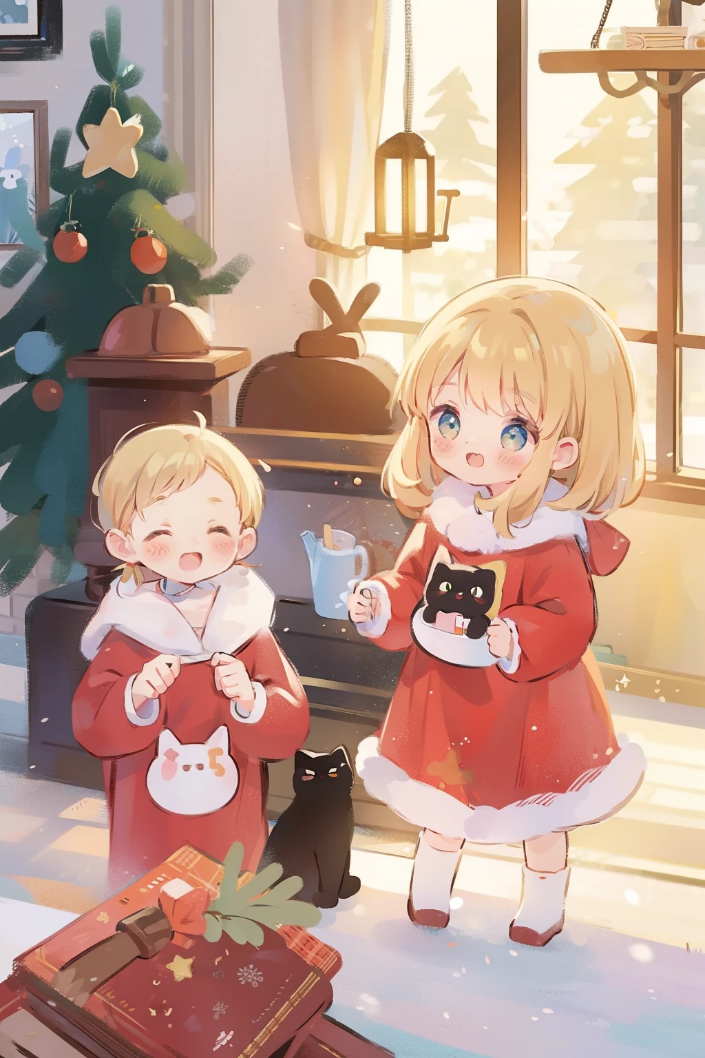 A cute cat and girl, At the bakery ,Christmas tree, sun light from window, nevando.