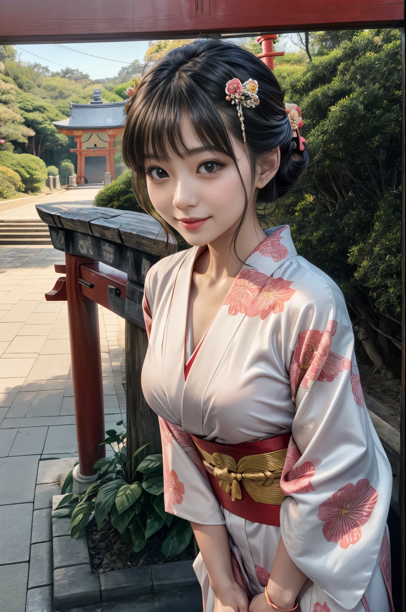 One Japan Woman、22year old、A dark-haired、beautidful eyes、(clear amber eyes)、long eyelashes、blusher、Red Lip Gloss、Smile cutely、Skin as clear as silk、large full breasts、(Wearing a beautiful floral kimono)、Attach a flower hairpin to your hair、((shrines、torii gate))、(SONY_a1.SEL50F12GM.The best photos taken with the combination of)、Anatomically accurate、full body photographed、Focus on the pupil、​masterpiece、top-quality、Top image quality、Top resolution、Ultra-realistic、illuminated by the first sunrise、beautiful warm light、depth of fields、