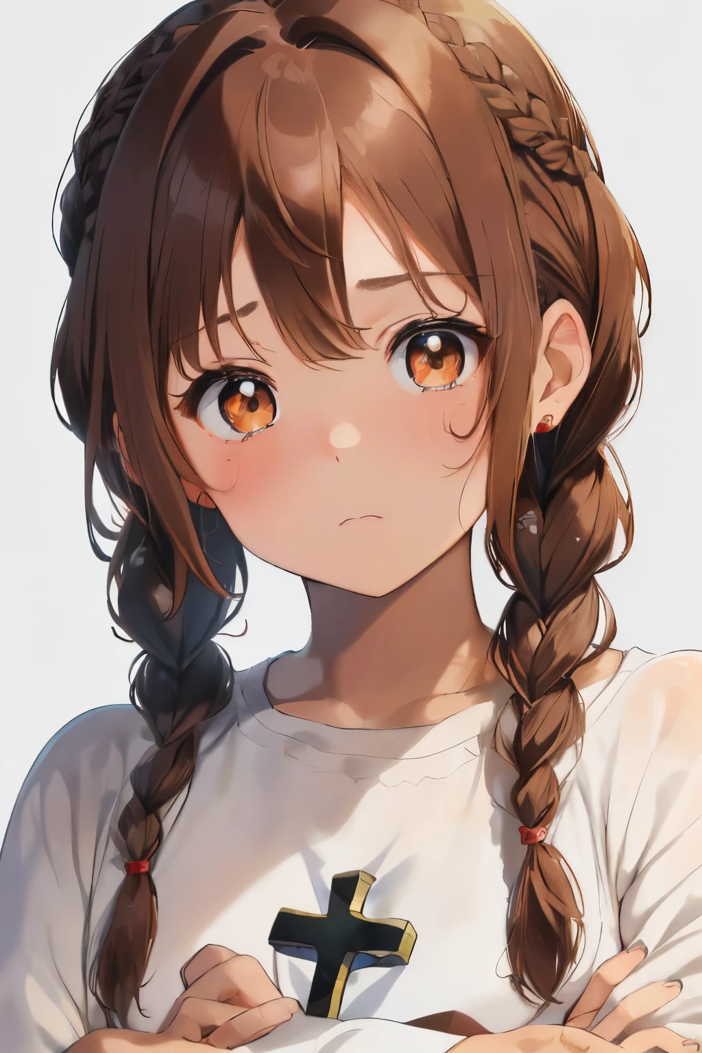 fluffy hair,((With bangs)),brown haired,((Braided shorthair)),Slightly red tide,((Brown eyes)),A face that looks like it's turned away,((He puffed out his cheeks and looked troubled..)),(fold your hands and do a cross pose),(close up of face)