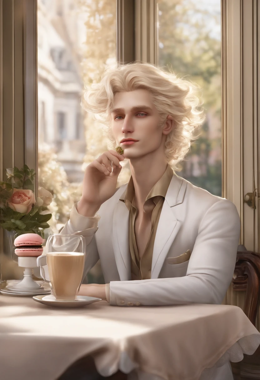 The image is of Ominis Gaunt sitting at a cozy café table, sipping on a delicate macaron with a thoughtful expression on his face.,original,Ominis is of average height and quite thin. His skin is very pale but he has a beauty marks. His hair is blonde and swept back. He is blind and his eyes are milky from his blindness. , male