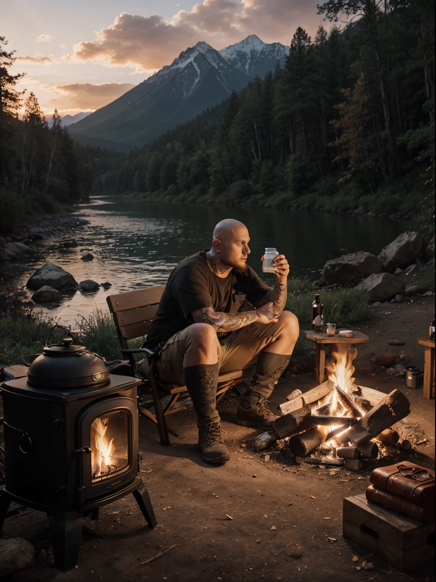 1 man, fat man, ((skin head, tattoos, shaggy-bearded)), cargo pants cold blouse ((full body, angry)), masterpiece, best quality, perfect eyes, perfect hands, perfect legs, ultra-detailed, solo, outdoor, (sunset), mountains, nature, (stars, cloud) backpack, sleeping bag, camping stove, water bottle, gloves, flashlight, forest, stones, river, wood, smoke, shadows, contrast,  style, (warm hue, warm tone: 1.2), cinematic light, side lighting, ultra high resolution, best shade, RAW, wooden house, campfire